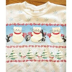 Vintage 90s Scoop by Spumoni Cats Snowmen Christmas Sweatshirt L USA Made
